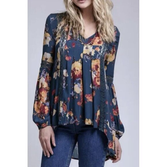 Blu Pepper Top Womens Large Navy Blue Boho Floral Lace Trim Hi Low Hem Peasant - Picture 1 of 10